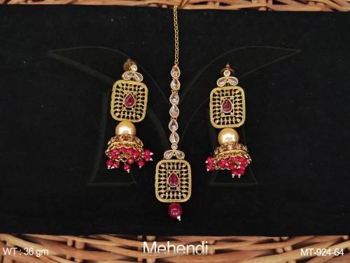 Antique Designer Mehendi Polish Clustered Pearl Party wear Maang Tikka With Earrings