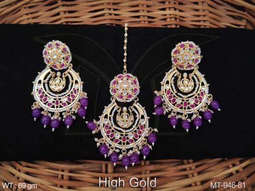 Beautiful Fancy Style High Gold Polish Clustered Pearl Full white Kundan Stones Designer Maang Tikka with Earring