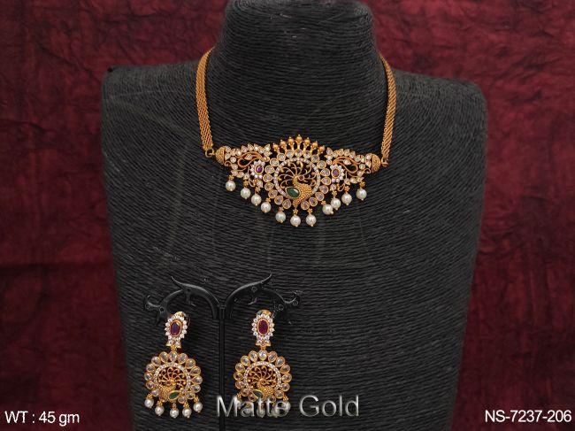 beautiful peacock design matte gold polish full white stone party wear choker necklace set