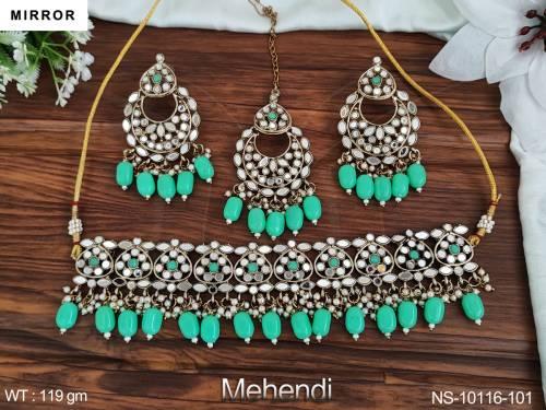 Beautiful Mirror Design Mehendi Polish Antique Choker Necklace Set 