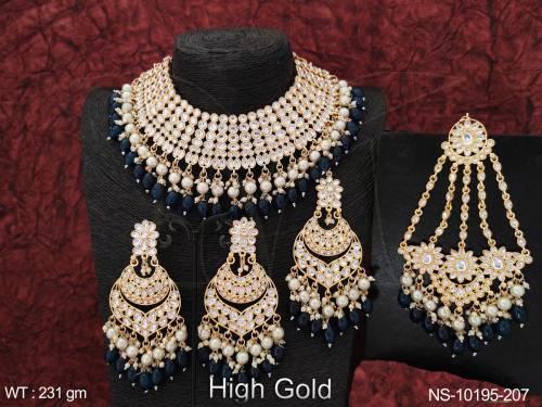 Beautiful Antique Stones Clustered Pearl High Gold Polish Choker Necklace Set