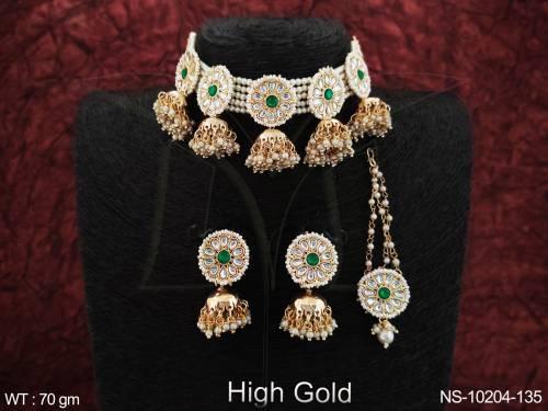 high-gold-polish-designer-party-wear-beautiful-antique-necklace-set-with-maang-tikka-