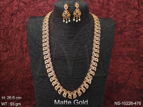 Matte Gold Polish Designer Fancy Style Party wear Beautiful Long Kemp Necklace Set 