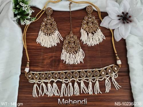 Clustered Pearl Antique Stones Mehendi Polish Designer Necklace Set