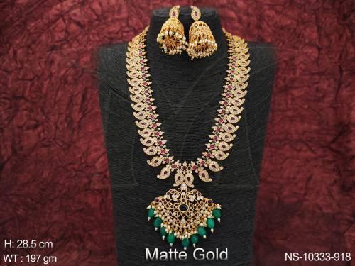 Matte Gold Polish Full Stone Designer Western Style Beautiful Long Necklace set  