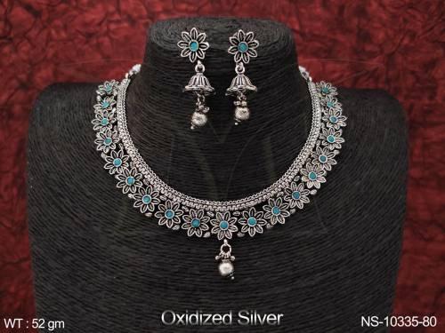 Fancy Design Party wear Beautiful Oxidised Silver Polish Short Necklace Set