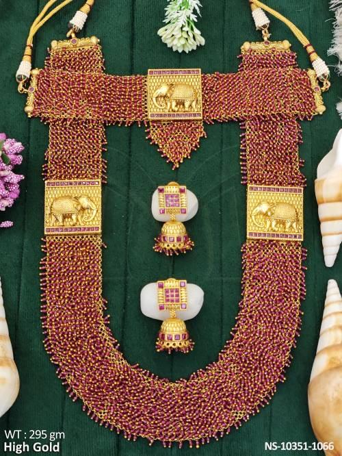 Antique Jewelry Matte Gold Polish Heavy Wedding Wear Jewelry South Fashion Elephant Design Antique Combo Necklace Set