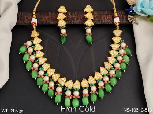 Kundan Jewellery Fancy Design Clustered Pearl High Gold Polish Party wear Kundan Necklace Set  