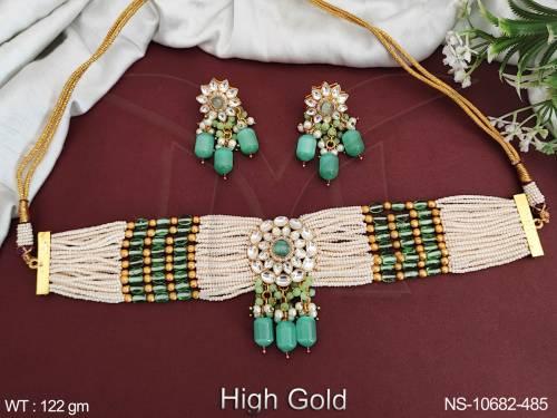 High Gold Polish Fancy Style Party wear Kundan Jewellery Choker Style Beaded Necklace Set 