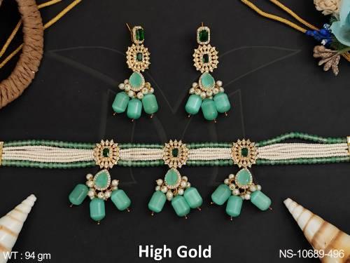 Cz Ad Jewelry High Gold Polish Fancy Design Party Wear Cz Ad Short Necklace Set  — NS-10689-496