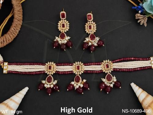 Cz Ad Jewelry High Gold Polish Fancy Design Party Wear Cz Ad Short Necklace Set  — NS-10689-496