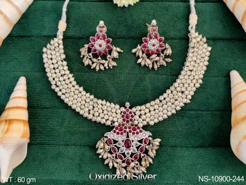 clustered-pearl-oxidised-silver-fancy-design-party-wear-designer-oxidised-jewellery-choker-necklace-set