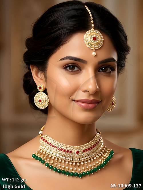 Party wear Designer Fancy Design High Gold Polish Kundan Jewellery Choker Necklace Set 