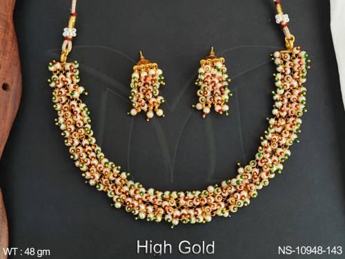 Antique Jewellery Fancy Design High Gold Polish Clustered  Pearl Party wear Choker Style Antique Necklace Set