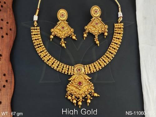 Golden Clustered Pearl High Gold Polish Fancy Design Antique Party wear Designe Antique Jewellery Short Necklace set