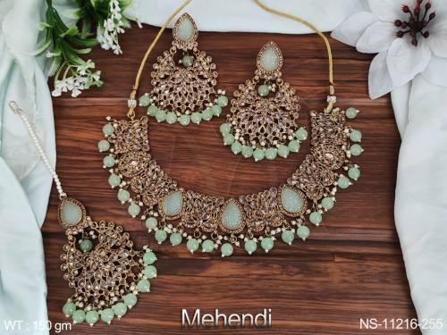 clustered-pearl-mehendi-polish-fancy-design-party-wear-beautiful-antique-jewellery-choker-necklace-set