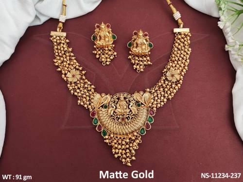 laxmi-pendant-clustered-pearl-matte-gold-polish-designer-fancy-style-temple-jewellery-short-necklace-set-