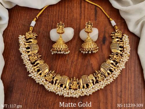 matte-gold-polis-fancy-style-god-laxmi-design-clustered-pearl-temple-jewellery-short-necklace-set