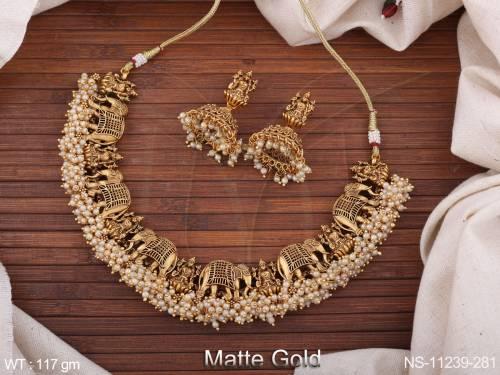 matte-gold-polis-fancy-style-god-laxmi-design-clustered-pearl-temple-jewellery-short-necklace-set