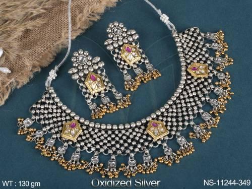 Oxidised Silver Polish Fancy Style Party wear Heavy Oxidised Jewellery Choker Necklace Set 