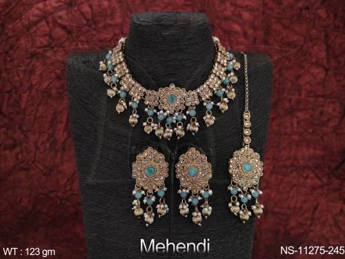 designer-party-wear-beautiful-mehendi-polish-clustered-pearl-party-wear-antique-jewellery-choker-necklace-set-