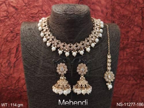 mehendi-polish-fancy-design-clustered-pearl-party-wear-antique-jewellery-short-necklace-set-