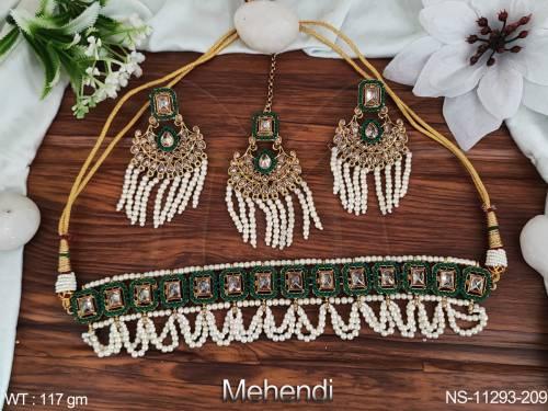 antique-designer-mehendi-polish-clustered-pearl-party-wear-fancy-style-antique-jewellery-choker-necklace-set-