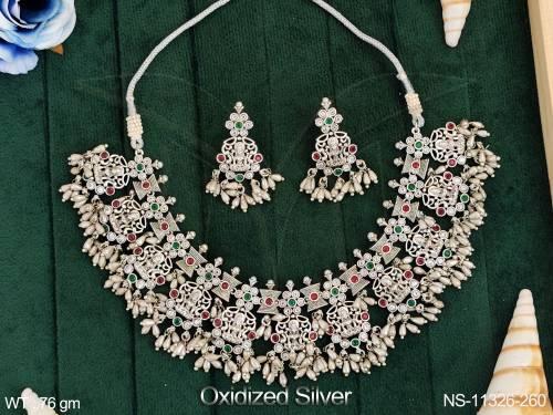 Temple Jewellery Oxidised Silver Polish Laxmi Design Fancy Style Guttapusalu Design Short Necklace Set    