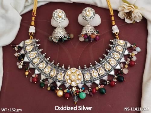 Designer Fancy Design Party wear Antique Oxidised Silver Polish Party wear Oxidised Choker Necklace Set 