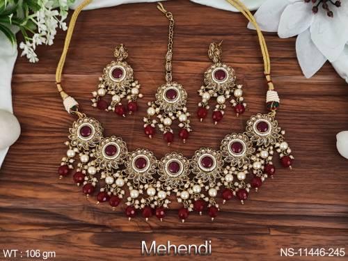 Mehendi Polish Fancy Design Party wear Antique Designer Antique Jewellery Short Necklace Set  — NS-11446-245