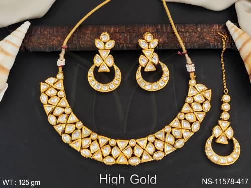 High Gold Polish Fancy Design Kundan Stones Party wear Kundan Jewellery Choker Style Kundan Necklace Set  