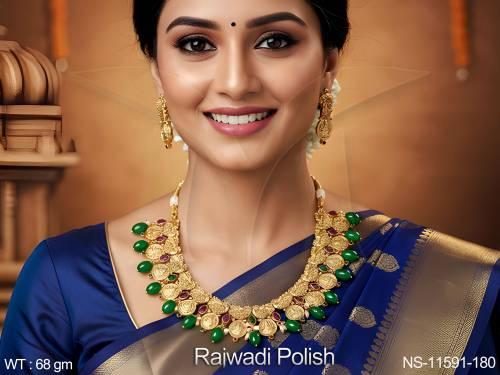 designer-fancy-style-party-wear-beautiful-temple-jewellery-rajwadi-polish-temple-short-necklace-set-