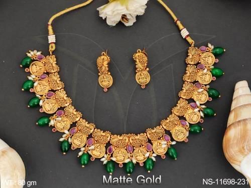 clustered-pearl-matte-gold-polish-fancy-desin-laxmi-coin-temple-jewellery-temple-coin-necklace-set