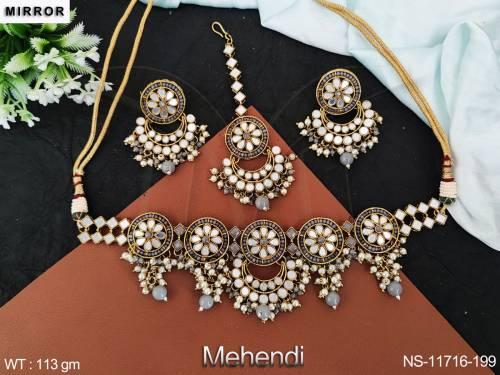 Mehendi Polish Designer Fancy Style Party wear Beautiful Antique Mirror Choker Neckalce Set   