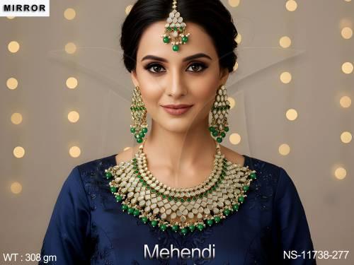 Mehendi Polish Fancy Style Party wear Clustered Pearl Antique Jewellery Antique Mirror Choker Necklace Set 