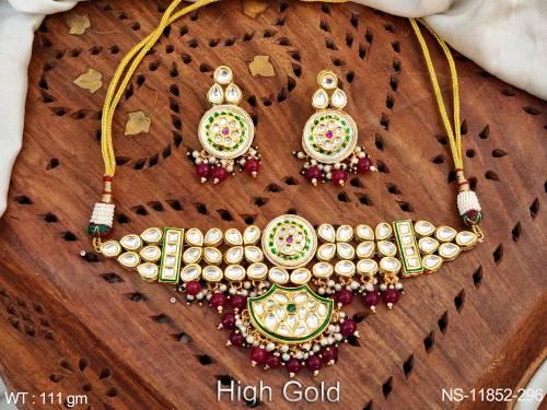High gold Polish Fancy style Party wear Beautiful Kundan Stones Designer Kundan Jewellery Short Choker Style Necklace set
