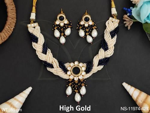 clustered-pearl-kund-stones-party-wear-high-gold-polish-designer-kundan-necklace-set