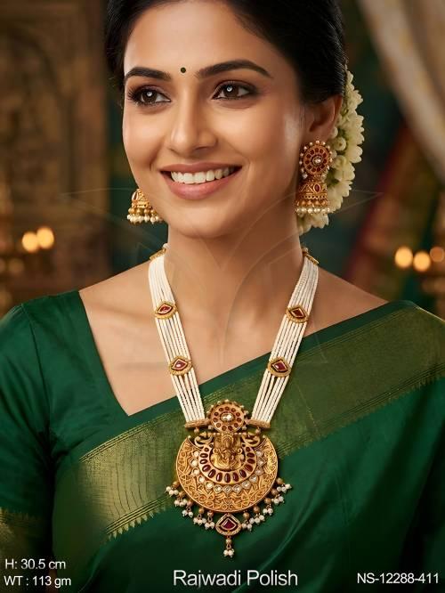 clustered-pearl-rajwadi-polish-party-wear-temple-jewellery-long-necklace-set