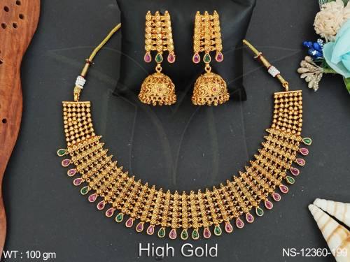 Fancy Design Party wear Beautiful High Gold Polish Antique Jewellery Designer Antique Choker Style Necklace Set 