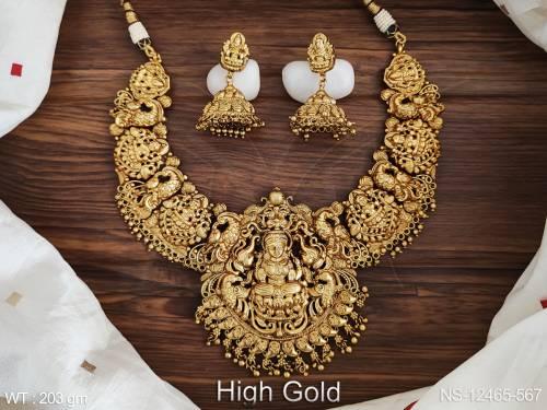 God Laxmi Design High Gold Polish Polish Designer Temple Jewellery Heavy Temple Necklace Set