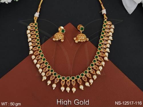 party-wear-high-gold-polish-fancy-design-clustered-pearl-antique-stones-antique-jewellery-short-necklace-set