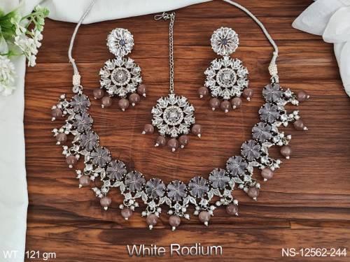 Clustered Pearl Designer White Rodium Polish Beautiful Antique Jewelery Antique Style Choker Necklace Set   — NS-12562-244