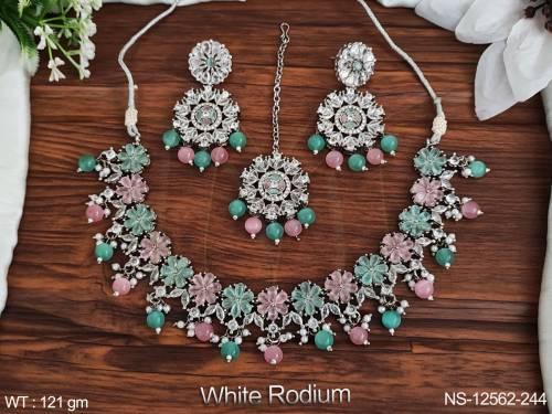 Clustered Pearl Designer White Rodium Polish Beautiful Antique Jewelery Antique Style Choker Necklace Set   — NS-12562-244