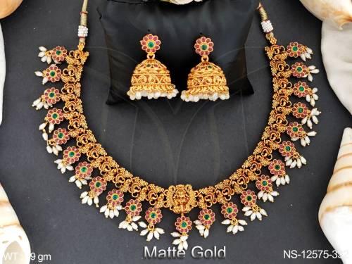 laxmi-pendant-matte-gold-polish-fancy-desing-party-wear-beautiful-temple-necklace-set-