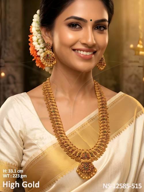 High Gold Polish Fancy Design Peandant Kemp Design Party wear Long Kemp Jewellery Necklace Set