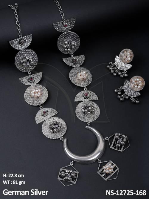 fancy-style-party-wear-german-silver-polish-long-necklace-set