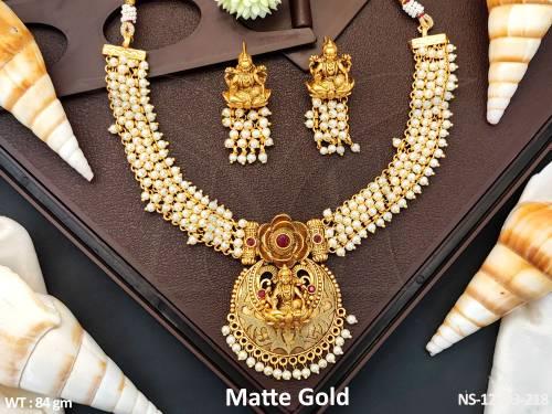 matte-gold-polish-fancy-style-clustered-pearl-laxmi-pendant-short-temple-necklace-set-