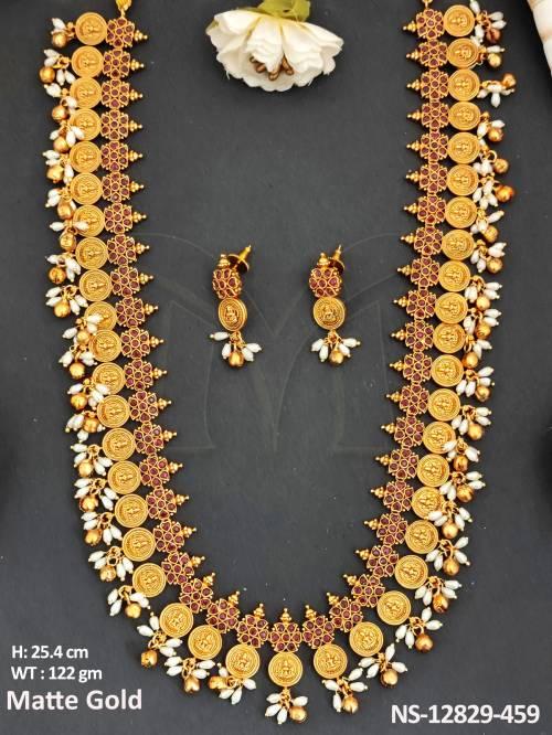 Temple Jewellery Matte Gold Polish Wedding Wear Temple Long Necklace Set