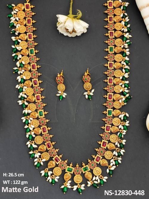 Wedding Wear Matte Gold Polish Designer Wear Temple Long Necklace Set