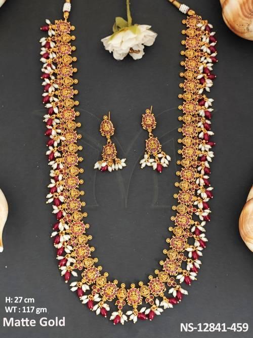 Temple Jewellery Matte Gold Polish Wedding Wear Temple Long Necklace Set